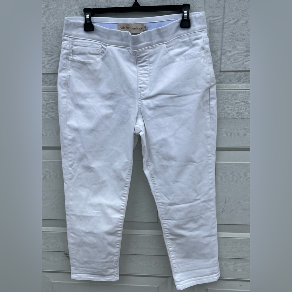 Soft Surroundings Pull On Jeans White High Rise Straight Leg Cropped Pockets M